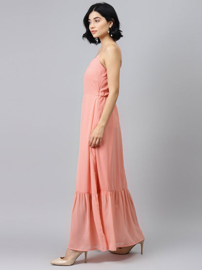 Women's Pink Strappy Frilled Hem Maxi Dress