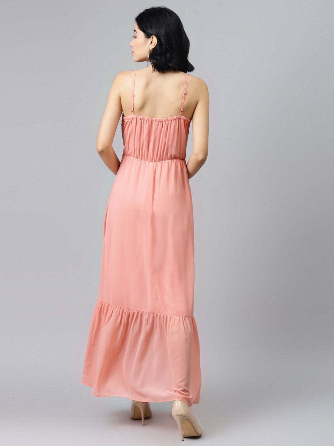 Women's Pink Strappy Frilled Hem Maxi Dress