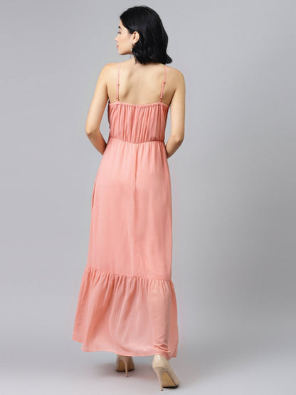 Women's Pink Strappy Frilled Hem Maxi Dress