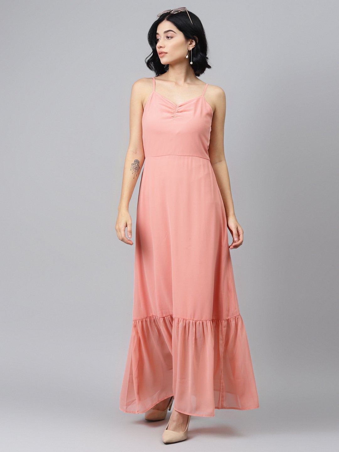 Women's Pink Strappy Frilled Hem Maxi Dress