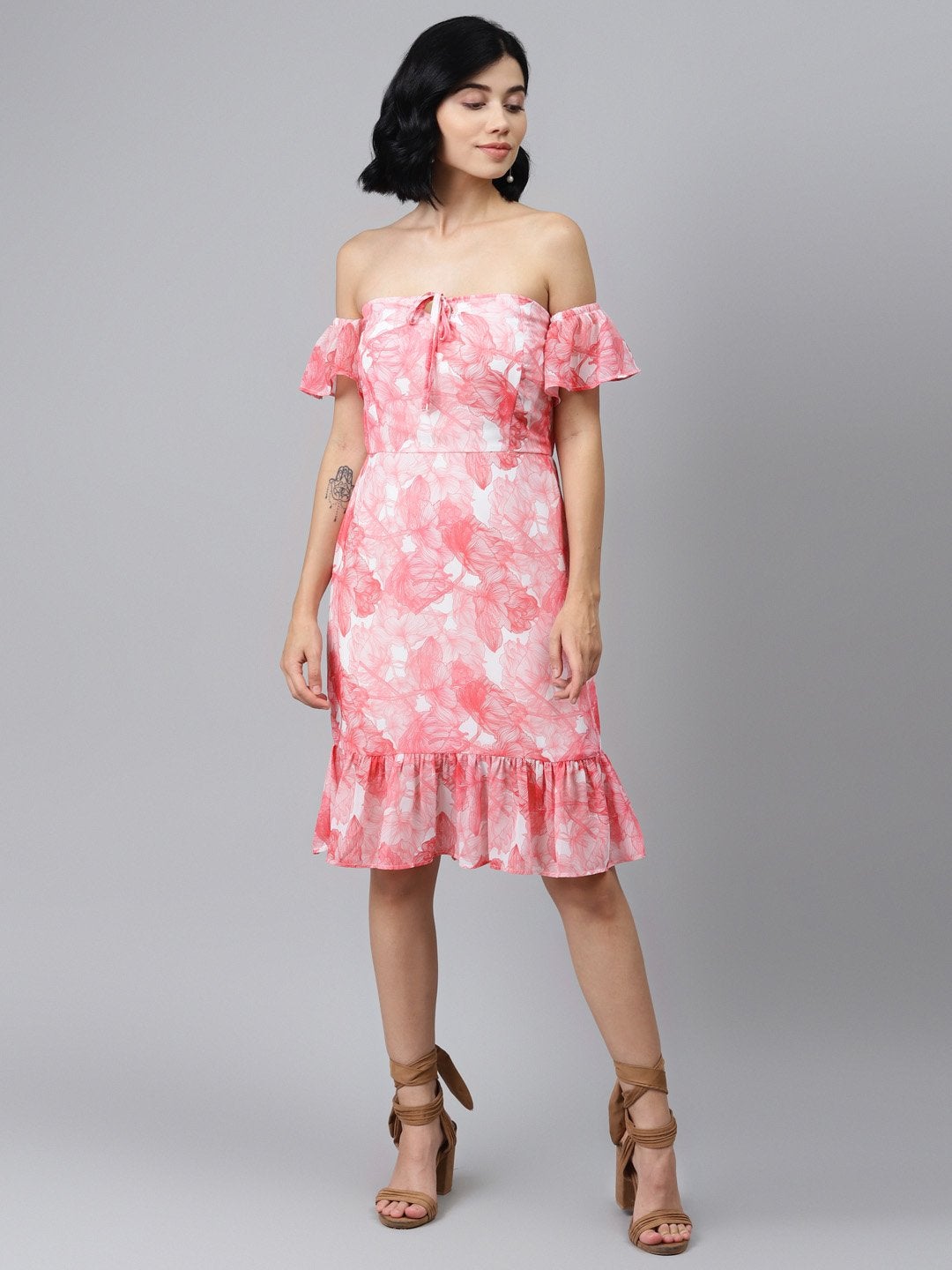 Women's Pink Floral Off Shoulder Skater Dress