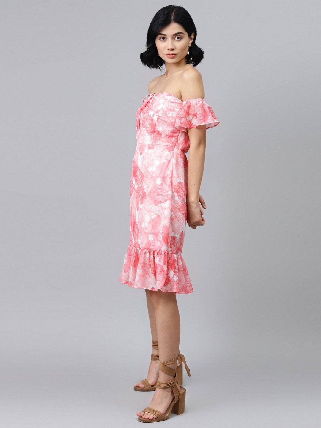 Women's Pink Floral Off Shoulder Skater Dress