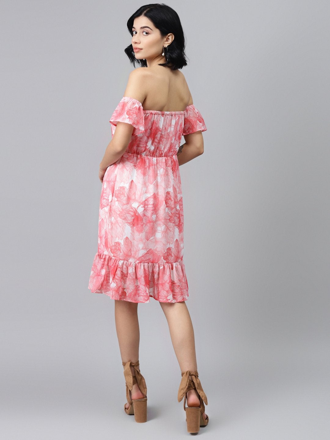 Women's Pink Floral Off Shoulder Skater Dress
