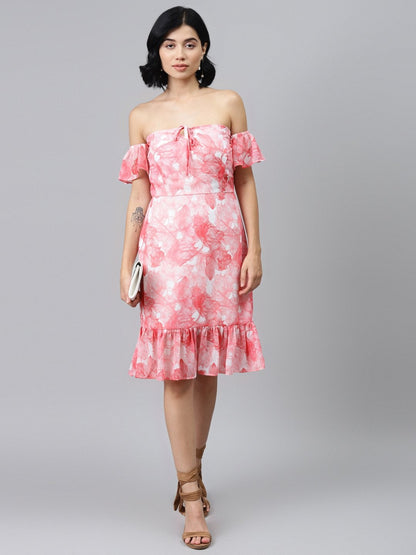 Women's Pink Floral Off Shoulder Skater Dress