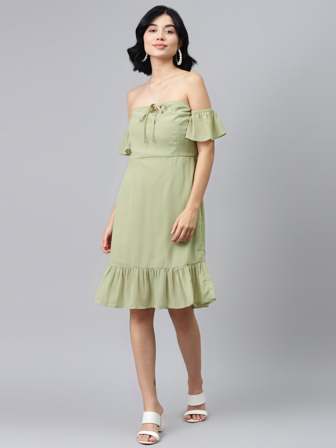 Women's Olive Off Shoulder Skater Dress