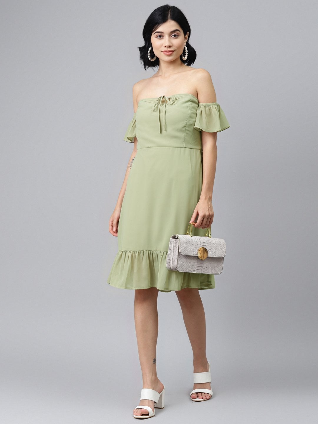 Women's Olive Off Shoulder Skater Dress