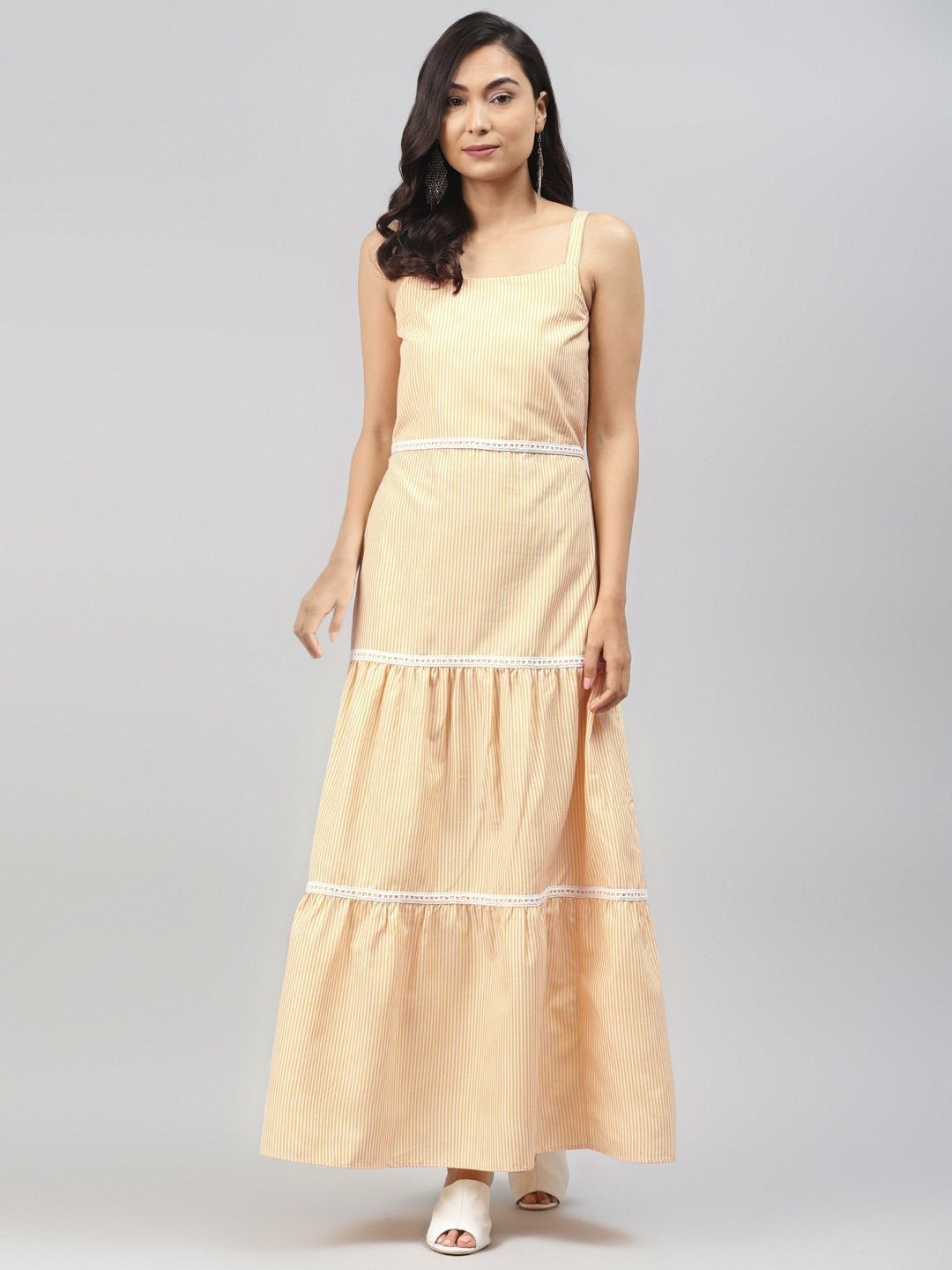 Women's Yellow Stripes Strappy Maxi Dress