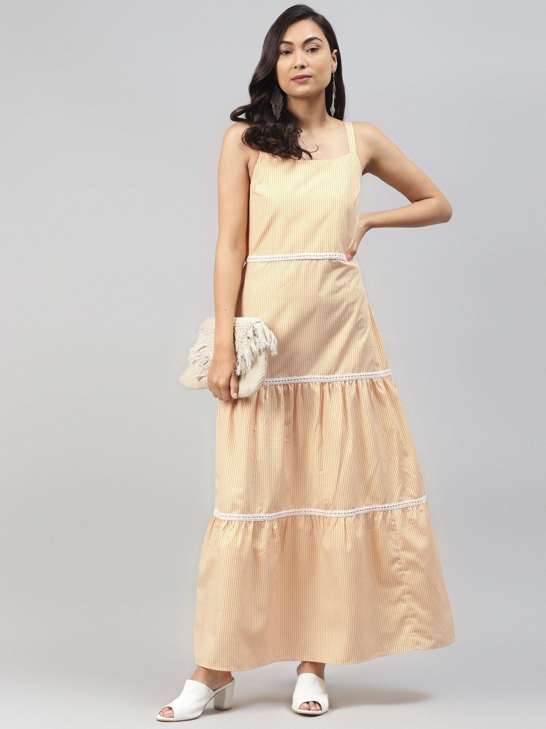 Women's Yellow Stripes Strappy Maxi Dress