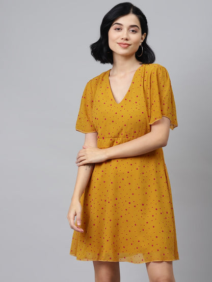 Women's Mustard Flock Print Skater Dress