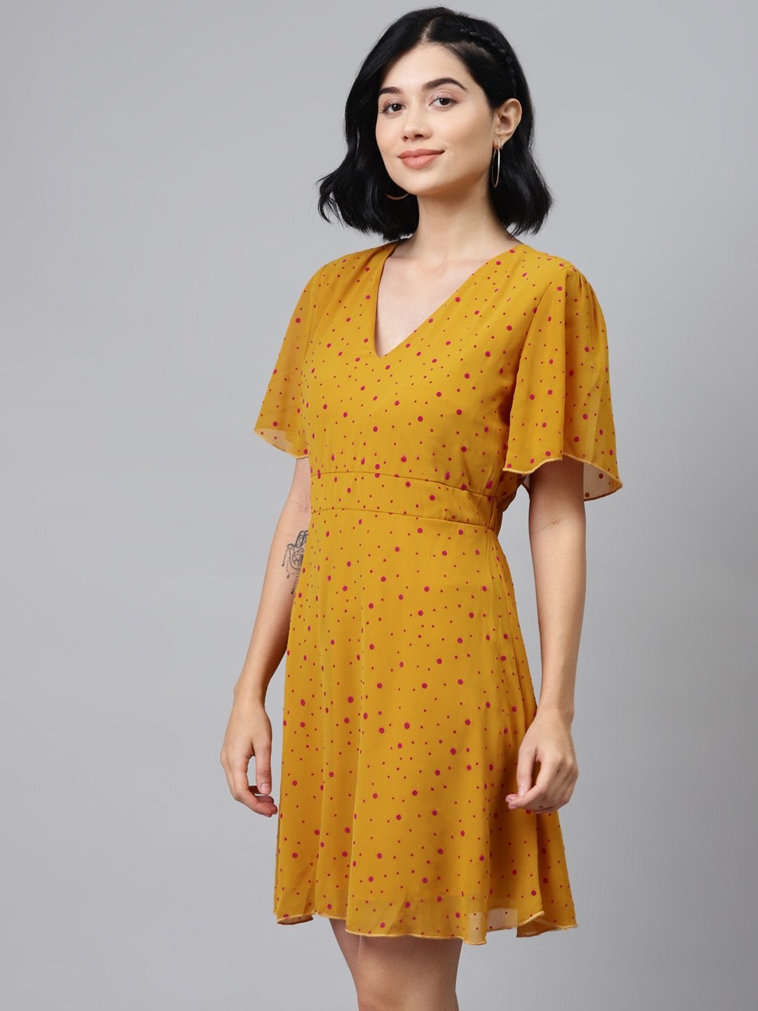 Women's Mustard Flock Print Skater Dress