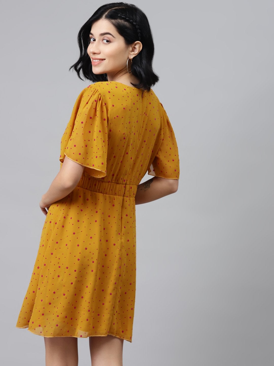 Women's Mustard Flock Print Skater Dress