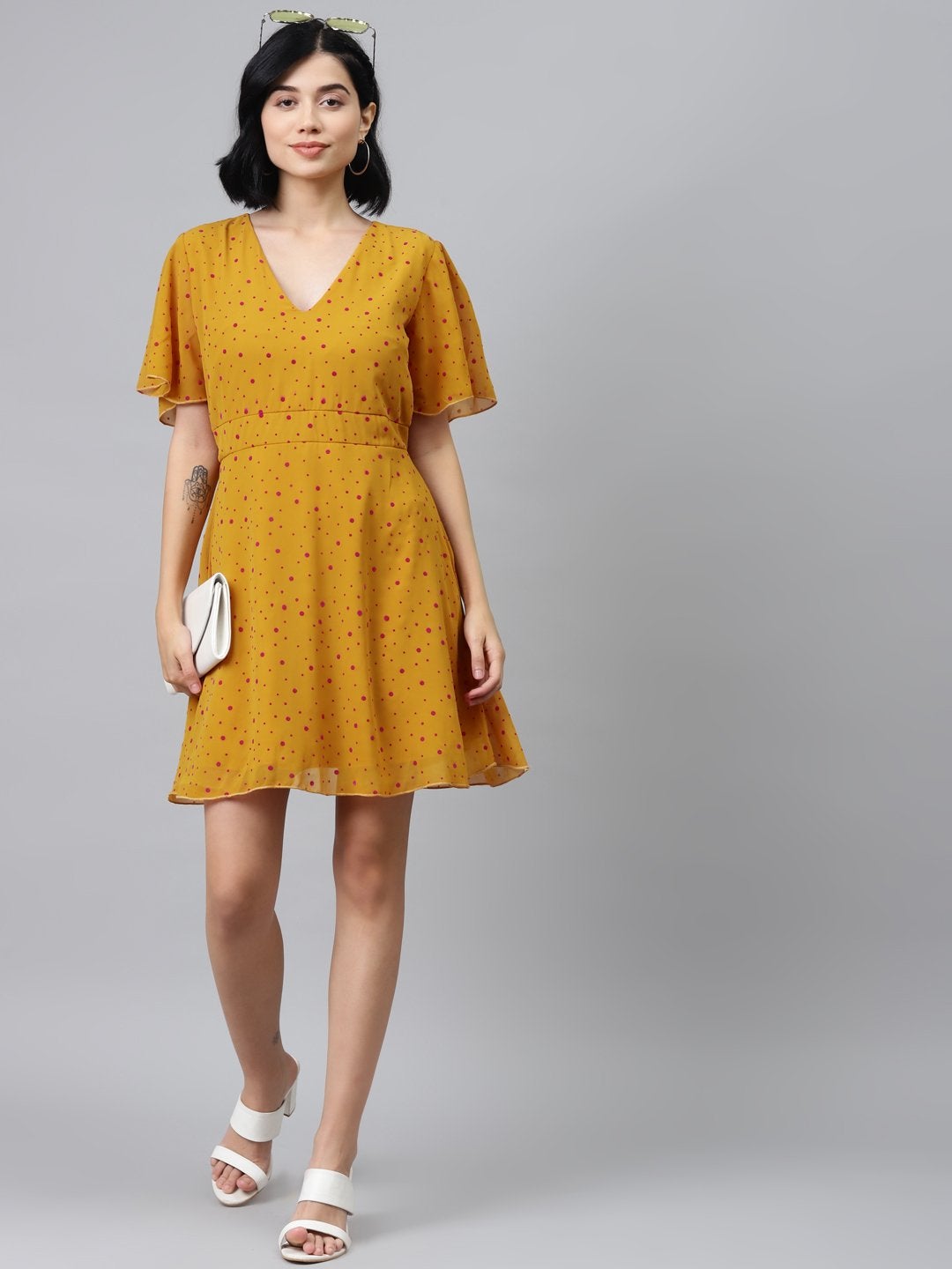 Women's Mustard Flock Print Skater Dress