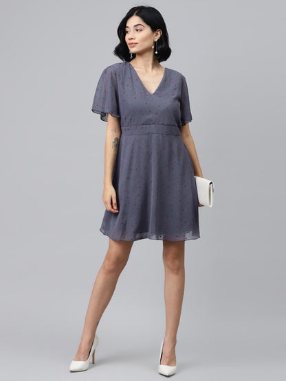 Women's Blue Flock Print Skater Dress