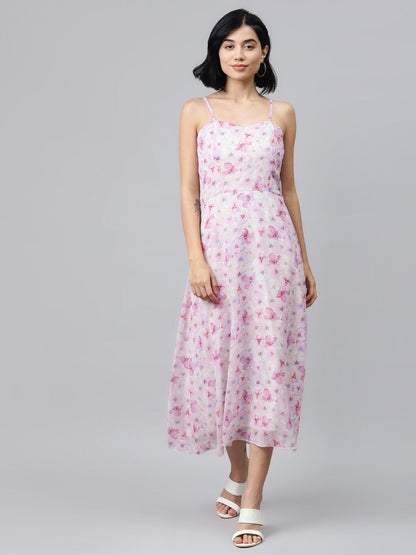 Women's Pink Floral Strappy Midi Dress