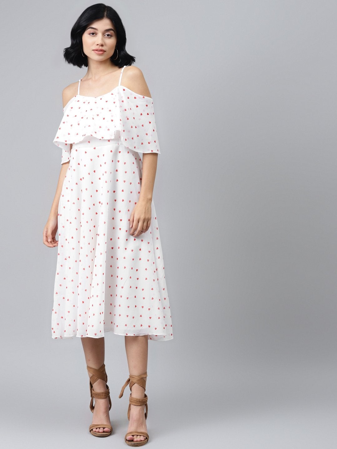 Women's White Strappy Red Hearts Cold Shoulder Dress