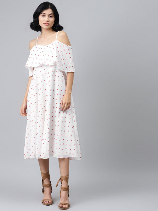Women's White Strappy Red Hearts Cold Shoulder Dress