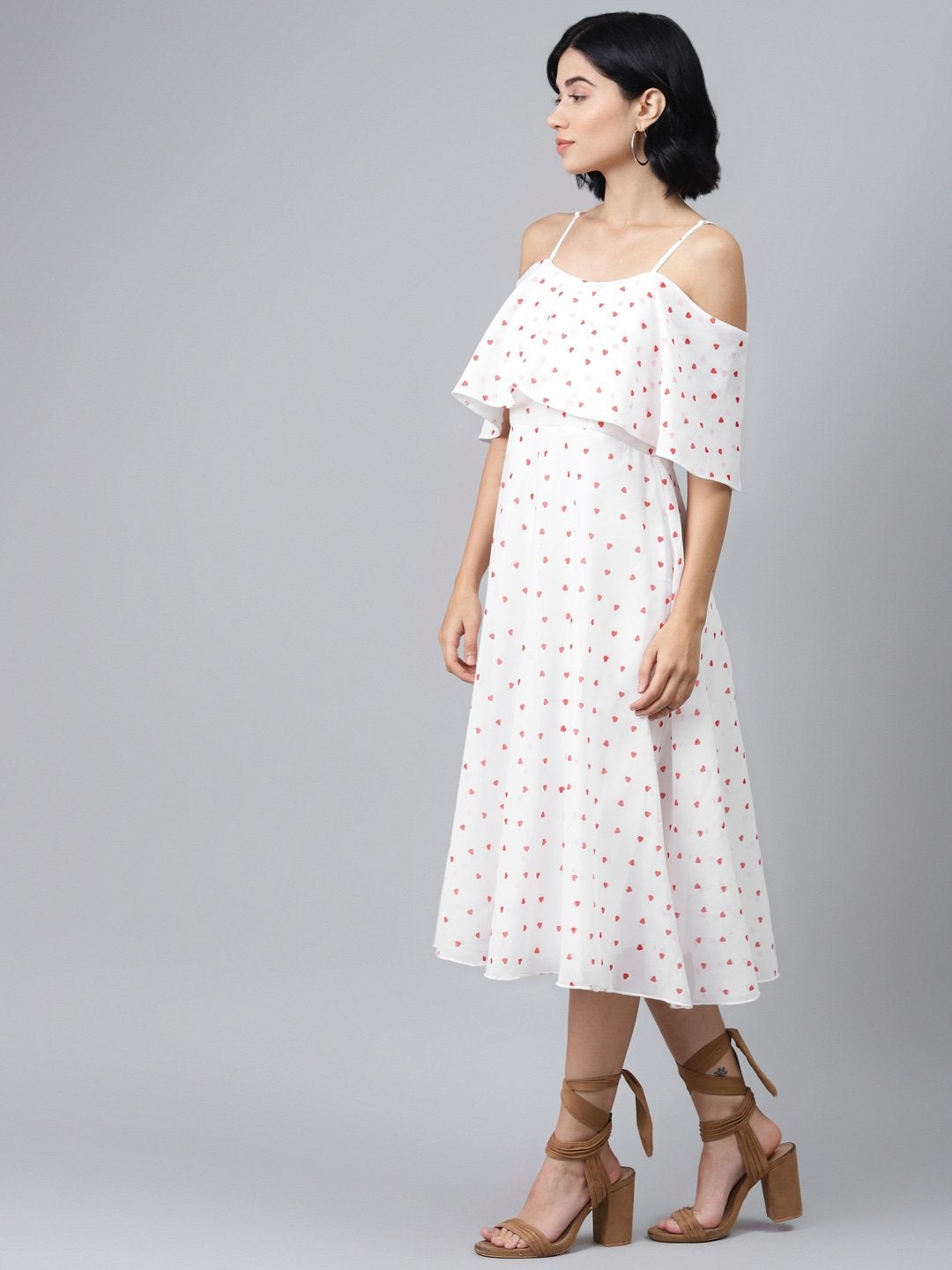 Women's White Strappy Red Hearts Cold Shoulder Dress