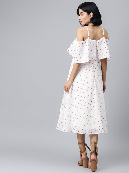 Women's White Strappy Red Hearts Cold Shoulder Dress