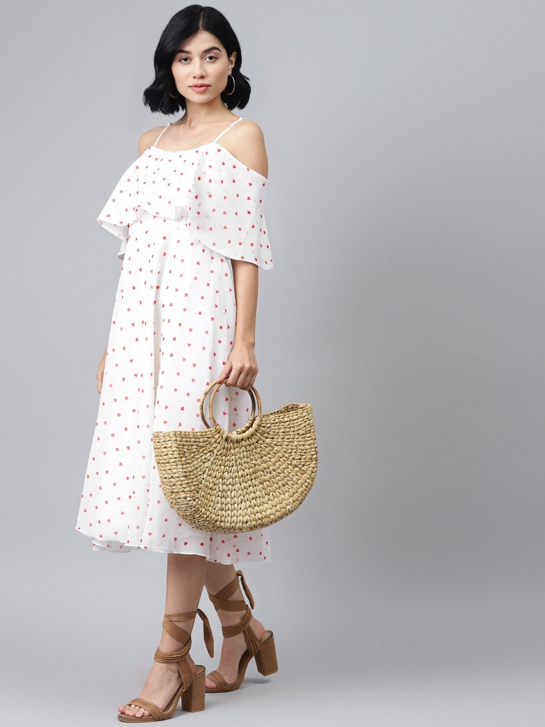 Women's White Strappy Red Hearts Cold Shoulder Dress