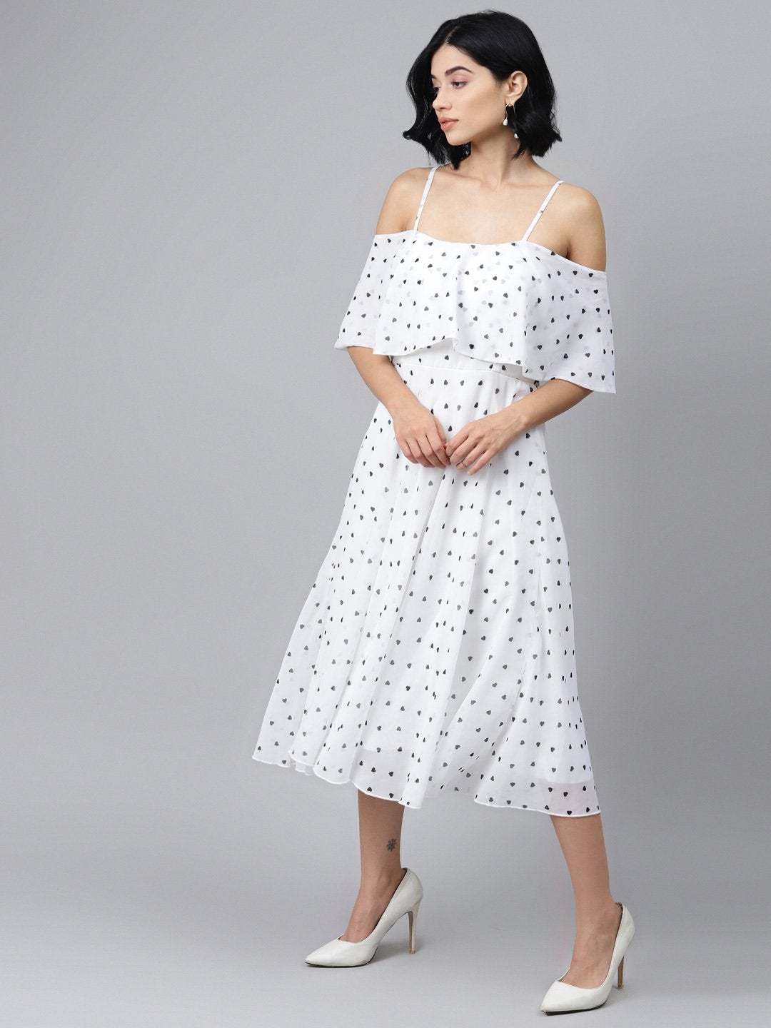Women's White Strappy Black Hearts Cold Shoulder Dress