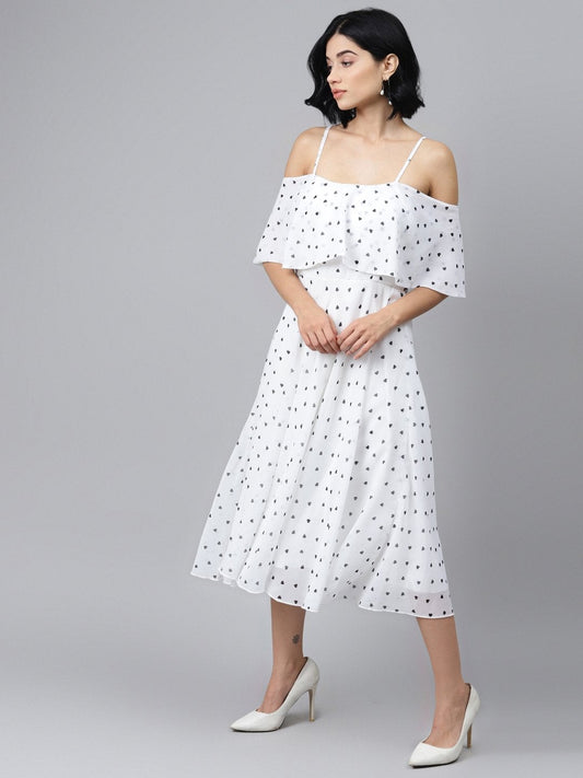 Women's White Strappy Black Hearts Cold Shoulder Dress