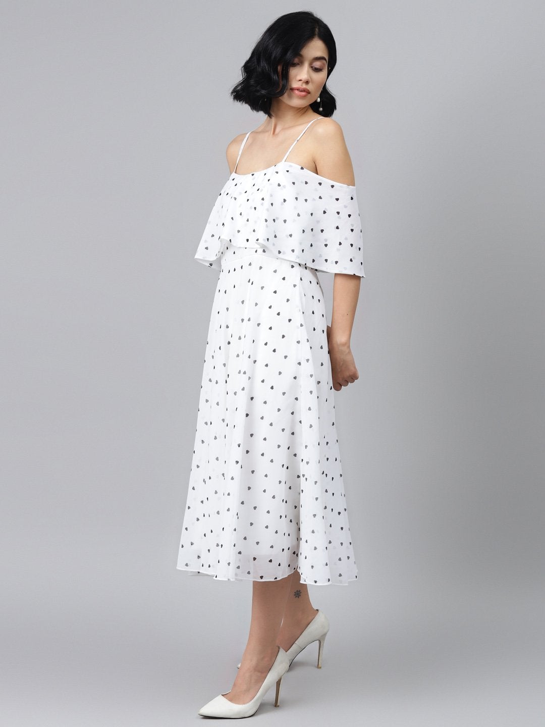 Women's White Strappy Black Hearts Cold Shoulder Dress