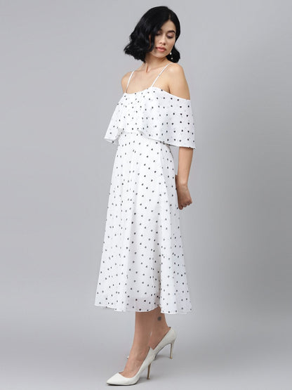 Women's White Strappy Black Hearts Cold Shoulder Dress
