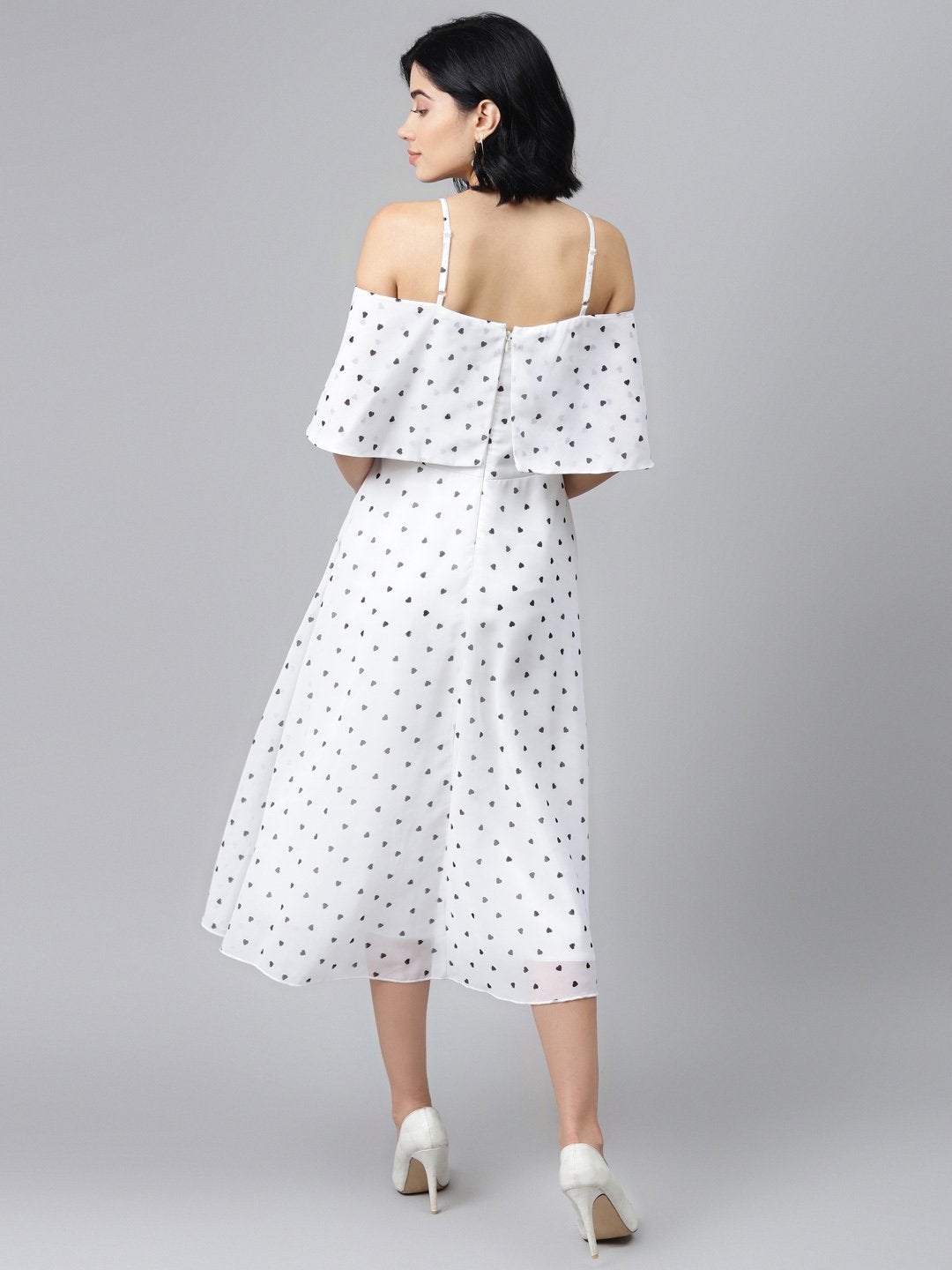 Women's White Strappy Black Hearts Cold Shoulder Dress