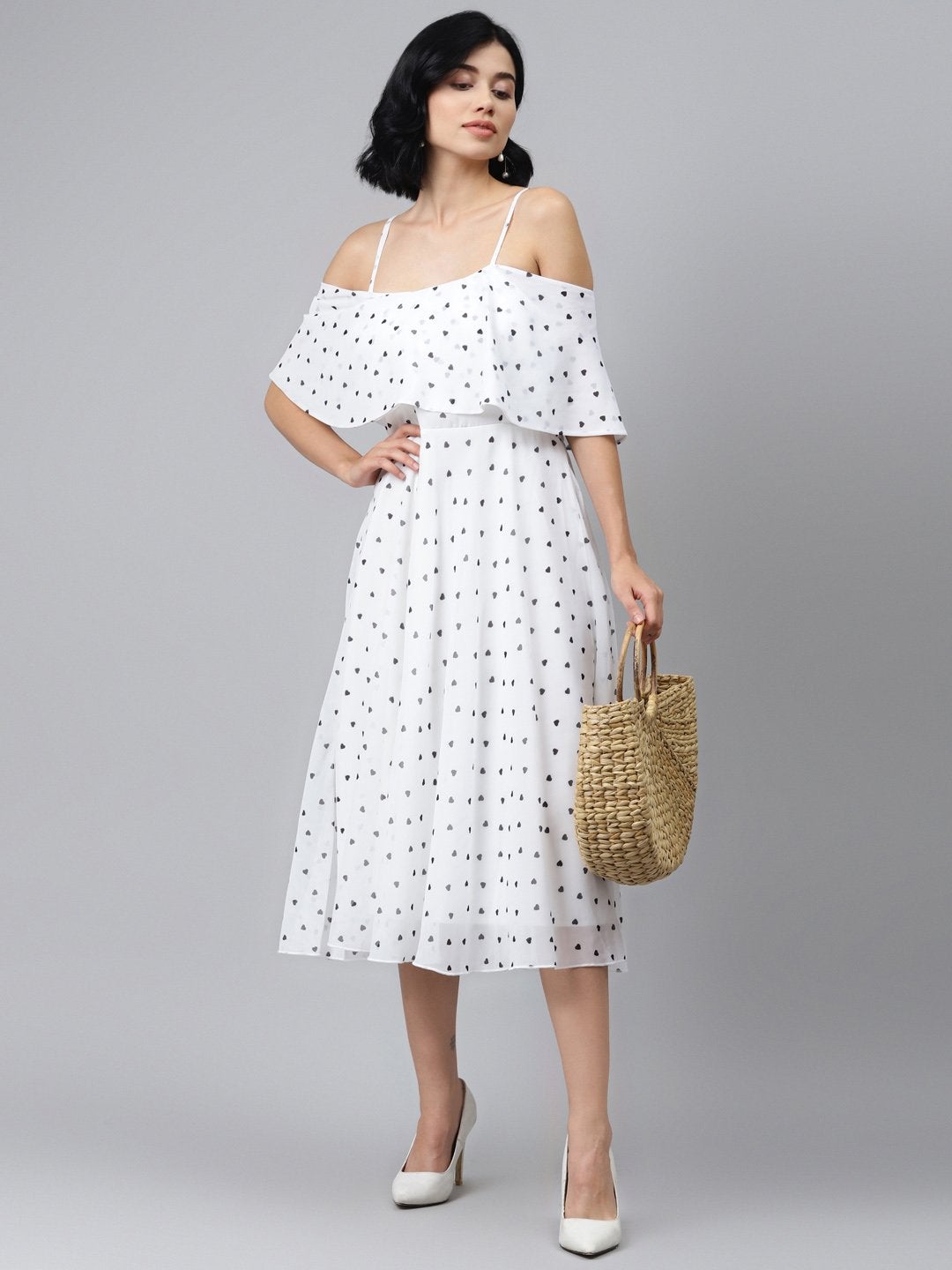 Women's White Strappy Black Hearts Cold Shoulder Dress