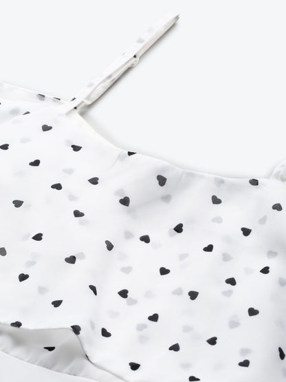 Women's White Strappy Black Hearts Cold Shoulder Dress