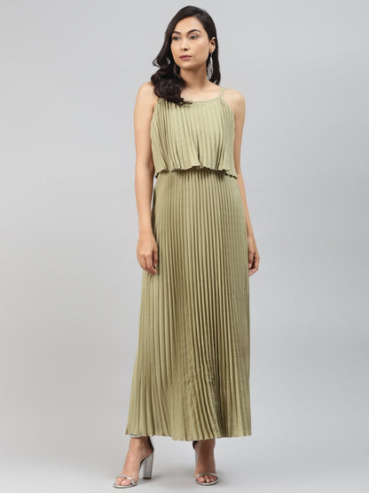 Women's Olive Strappy Pleated Maxi Dress