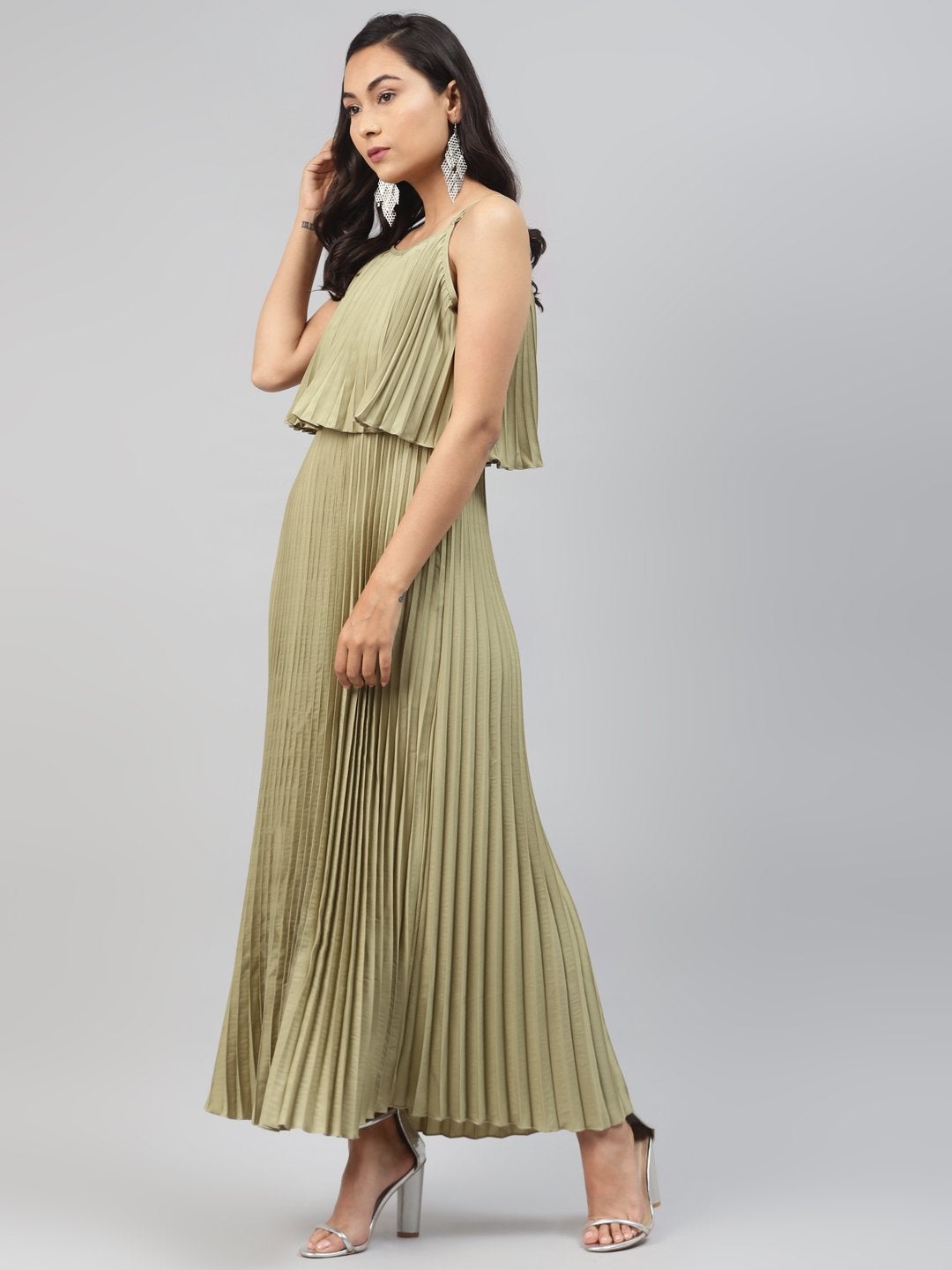 Women's Olive Strappy Pleated Maxi Dress