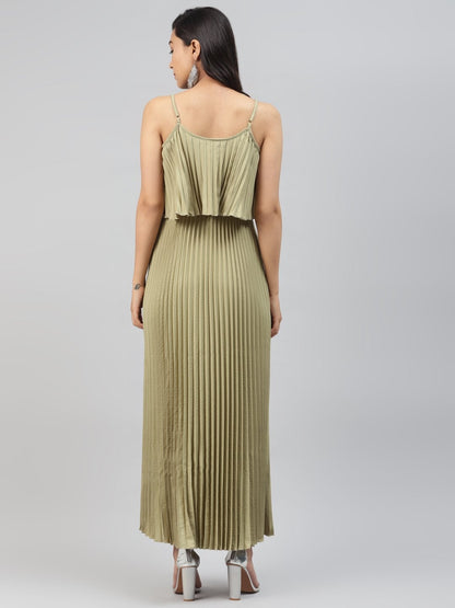 Women's Olive Strappy Pleated Maxi Dress