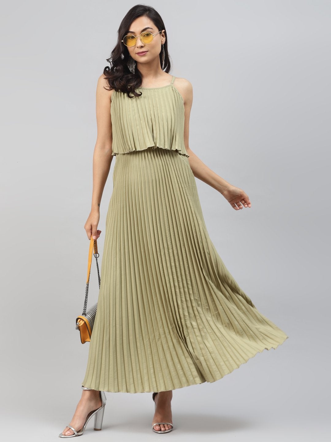 Women's Olive Strappy Pleated Maxi Dress