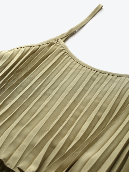 Women's Olive Strappy Pleated Maxi Dress