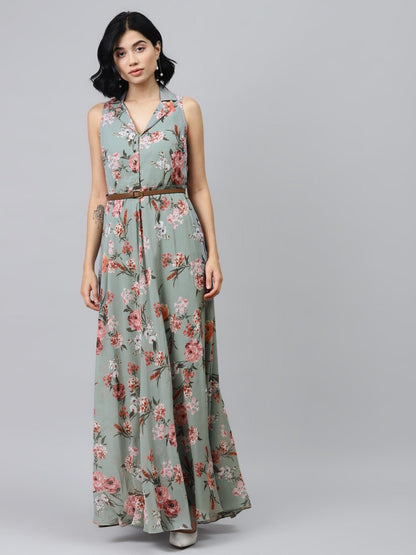 Women's Olive Floral Notch Collar Maxi Dress
