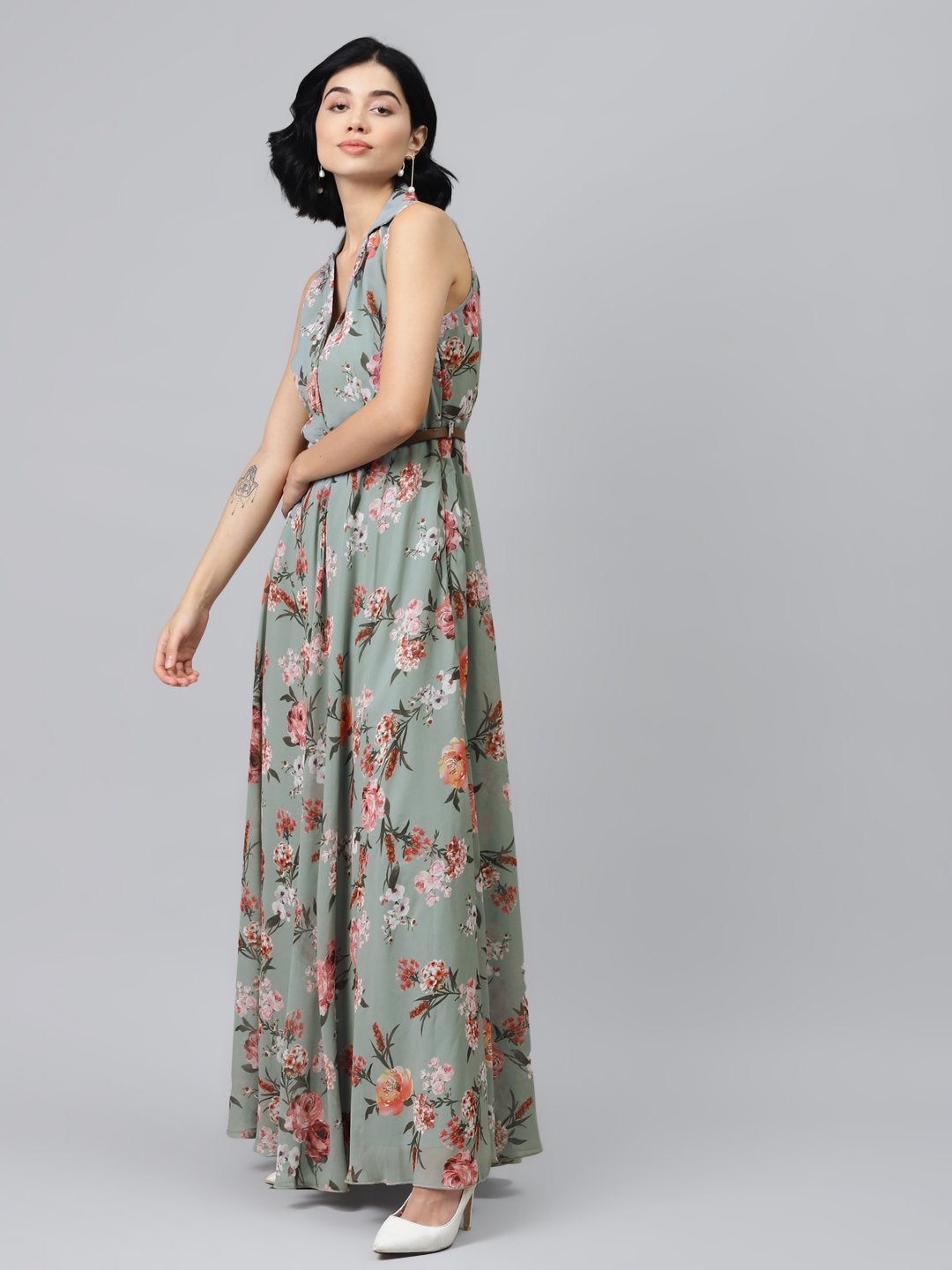 Women's Olive Floral Notch Collar Maxi Dress