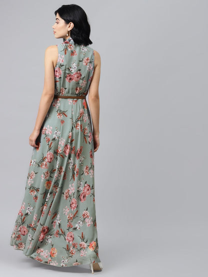 Women's Olive Floral Notch Collar Maxi Dress