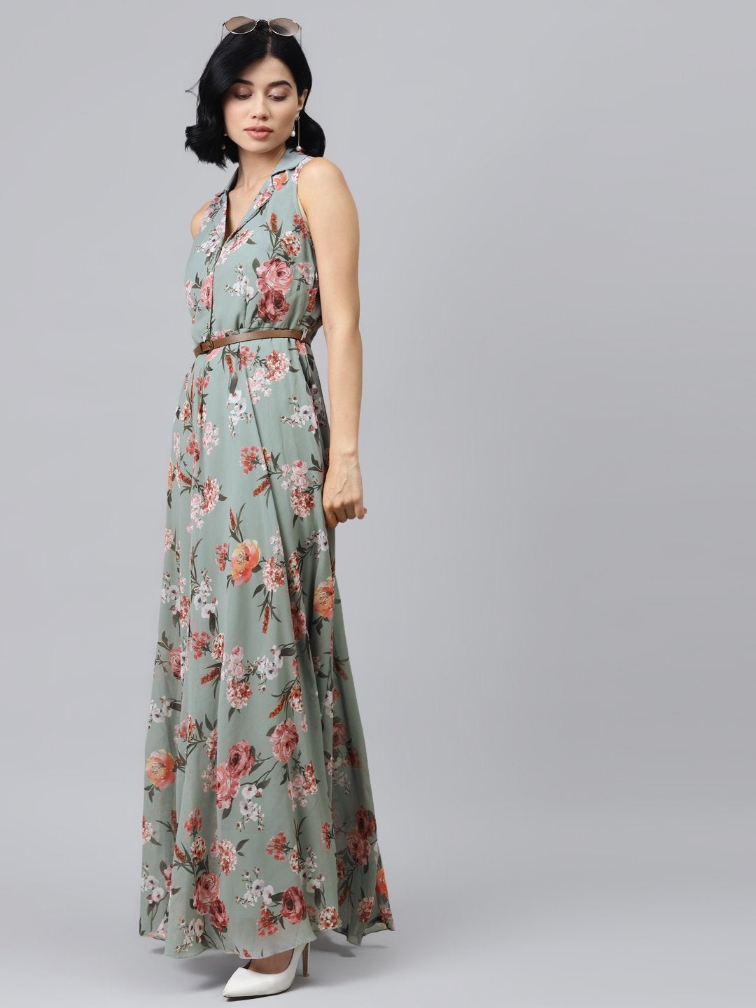 Women's Olive Floral Notch Collar Maxi Dress