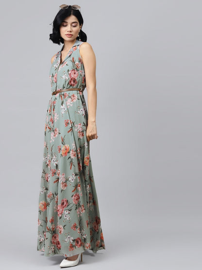 Women's Olive Floral Notch Collar Maxi Dress