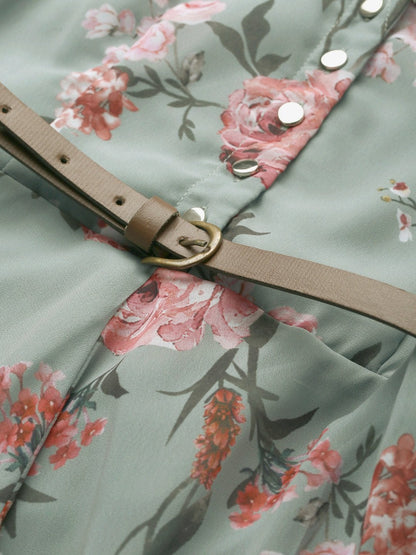 Women's Olive Floral Notch Collar Maxi Dress