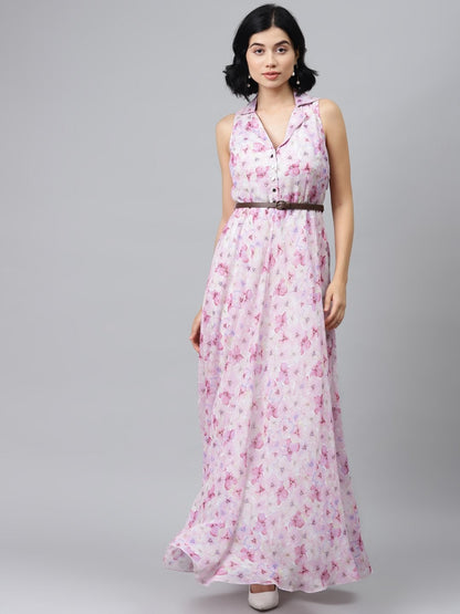 Women's Pink Floral Notch Collar Maxi Dress