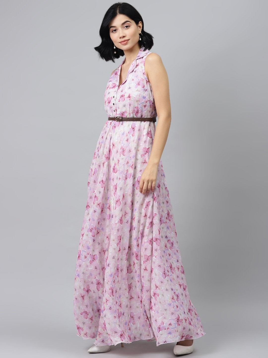Women's Pink Floral Notch Collar Maxi Dress