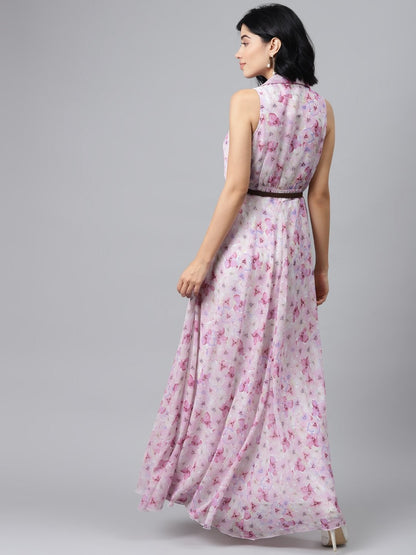 Women's Pink Floral Notch Collar Maxi Dress