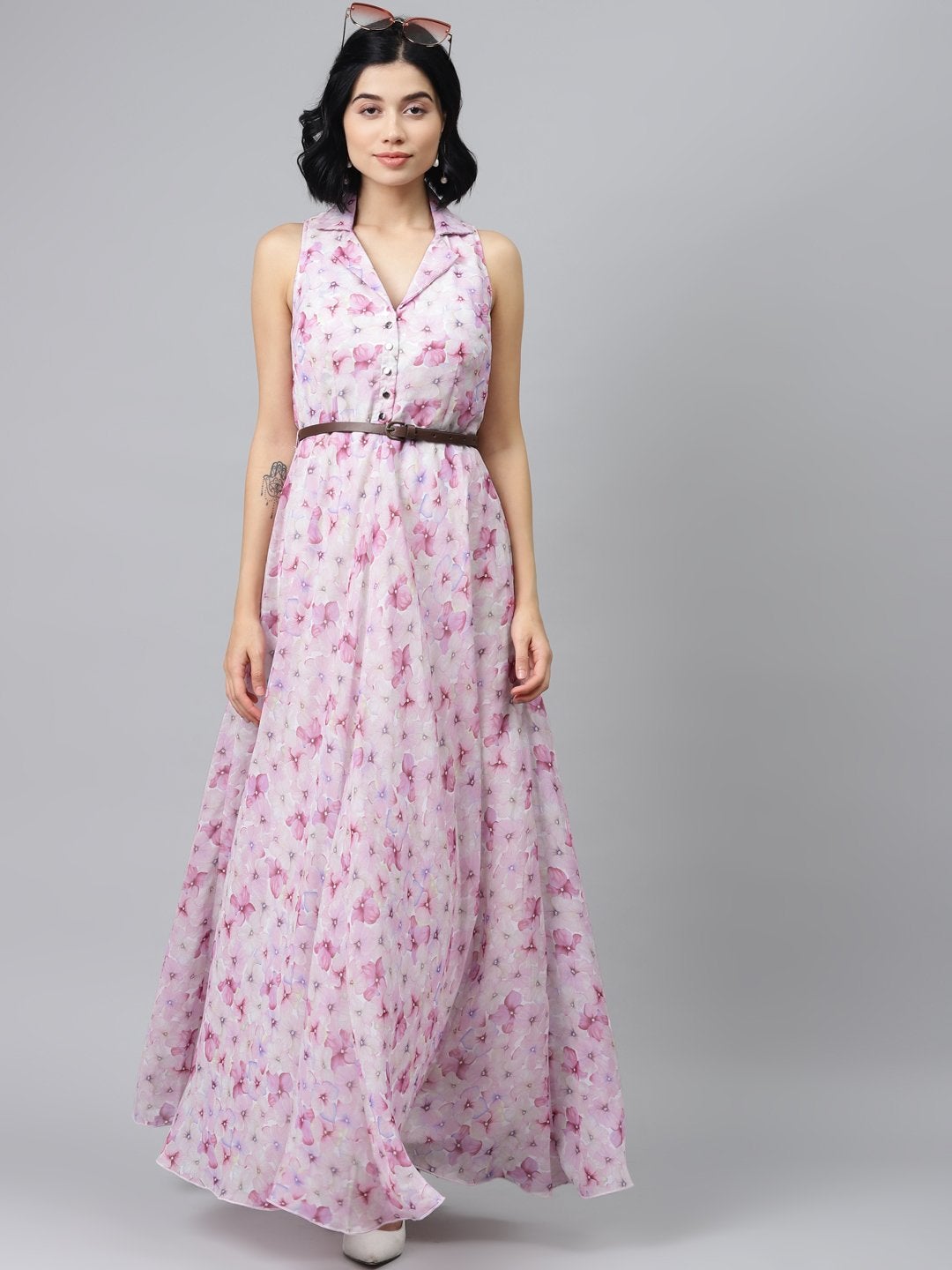 Women's Pink Floral Notch Collar Maxi Dress