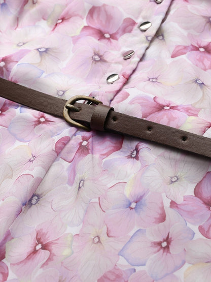 Women's Pink Floral Notch Collar Maxi Dress