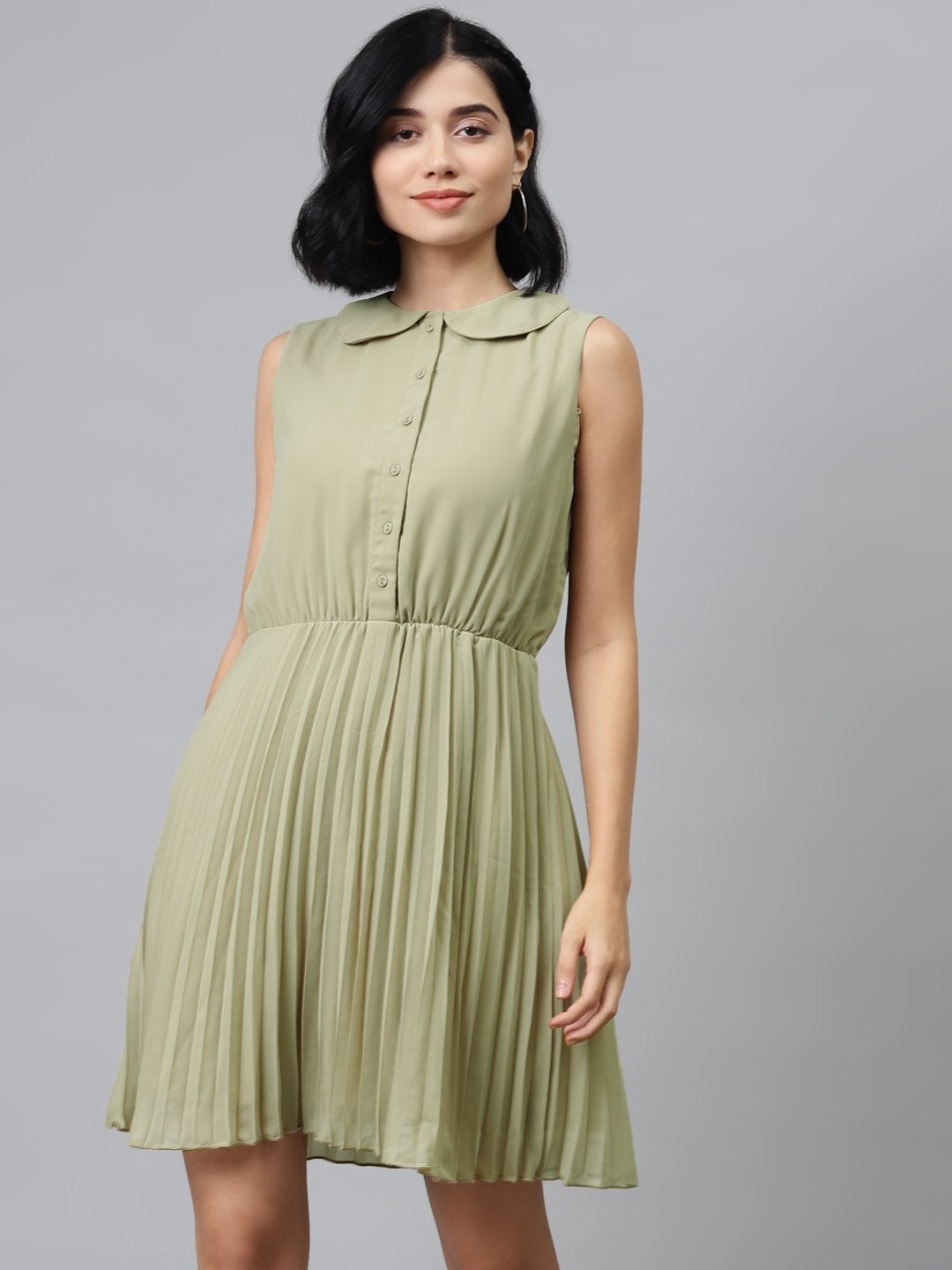 Women's Olive Peterpan Sleeveless Pleated Belted Dress