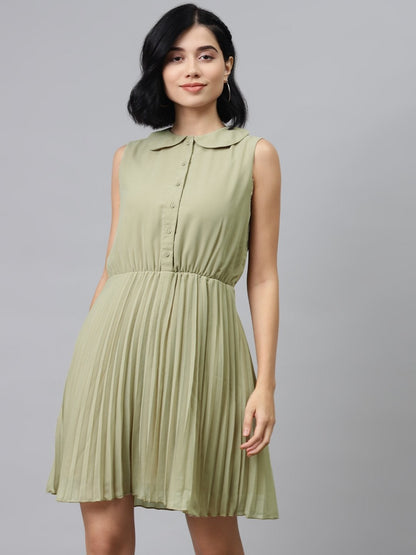 Women's Olive Peterpan Sleeveless Pleated Belted Dress