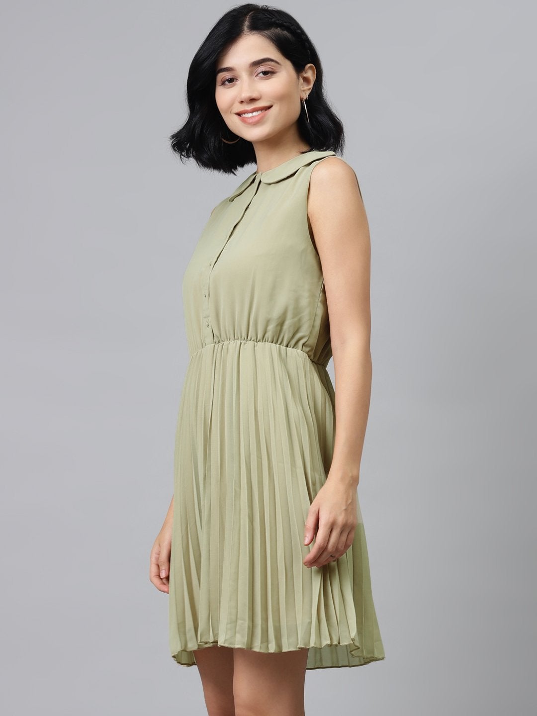 Women's Olive Peterpan Sleeveless Pleated Belted Dress