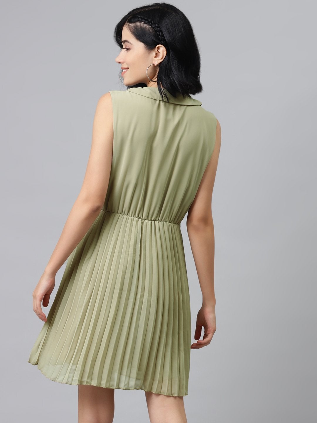 Women's Olive Peterpan Sleeveless Pleated Belted Dress